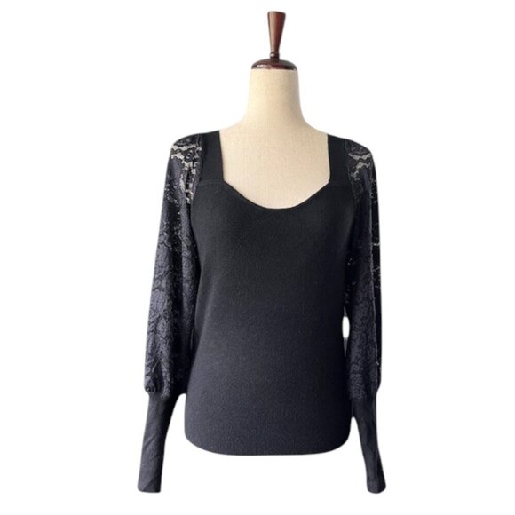Rain + Rose Women's Lace Long Sleeves Pullover Sweetheart Neck Top Black XL NWT - Picture 2 of 13